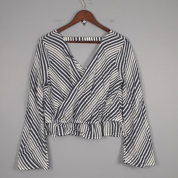 Express Cropped Striped Faux Wrap Around Long Sleeve Top - Picture 1 of 9